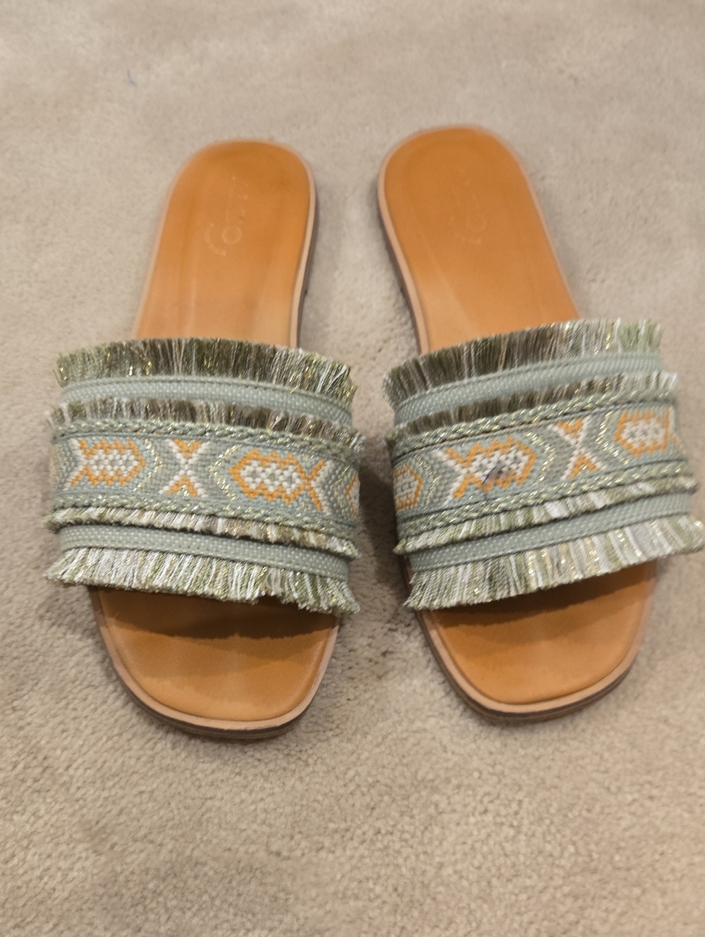 Aldo Sage Green Embroidered Fringe Slide Sandals